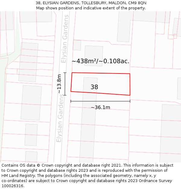 38, ELYSIAN GARDENS, TOLLESBURY, MALDON, CM9 8QN: Plot and title map