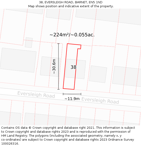 38, EVERSLEIGH ROAD, BARNET, EN5 1ND: Plot and title map