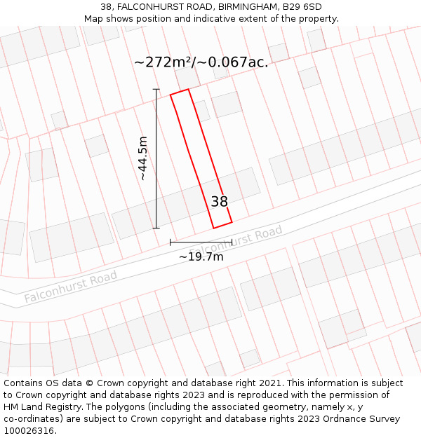 38, FALCONHURST ROAD, BIRMINGHAM, B29 6SD: Plot and title map