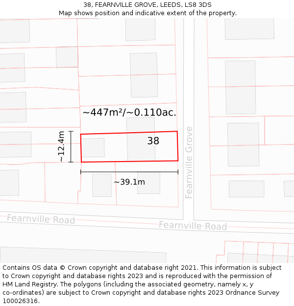 38, FEARNVILLE GROVE, LEEDS, LS8 3DS: Plot and title map