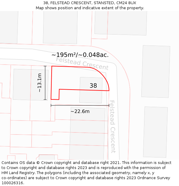 38, FELSTEAD CRESCENT, STANSTED, CM24 8UX: Plot and title map