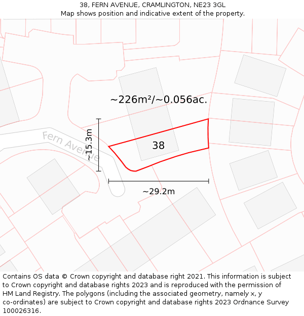 38, FERN AVENUE, CRAMLINGTON, NE23 3GL: Plot and title map