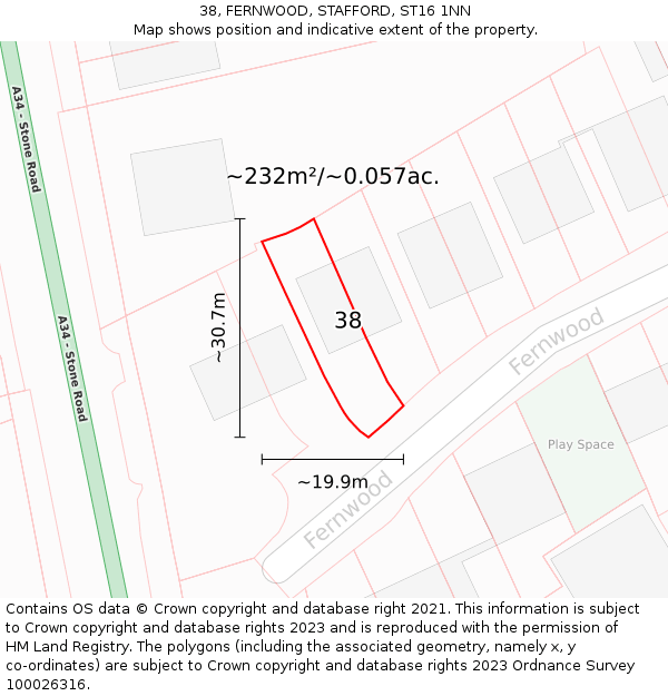 38, FERNWOOD, STAFFORD, ST16 1NN: Plot and title map