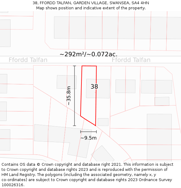 38, FFORDD TALFAN, GARDEN VILLAGE, SWANSEA, SA4 4HN: Plot and title map