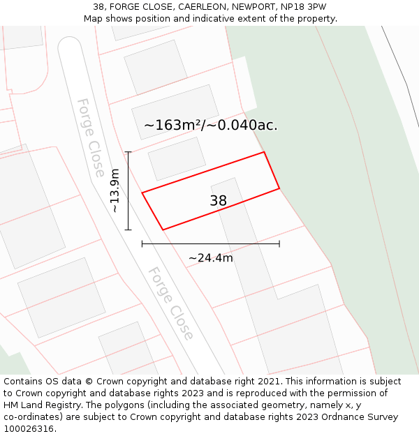 38, FORGE CLOSE, CAERLEON, NEWPORT, NP18 3PW: Plot and title map