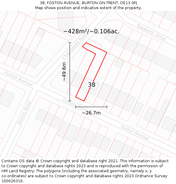 38, FOSTON AVENUE, BURTON-ON-TRENT, DE13 0PJ: Plot and title map