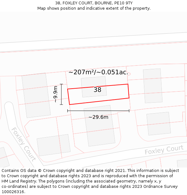 38, FOXLEY COURT, BOURNE, PE10 9TY: Plot and title map