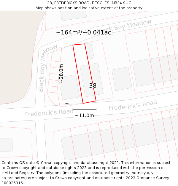 38, FREDERICKS ROAD, BECCLES, NR34 9UG: Plot and title map