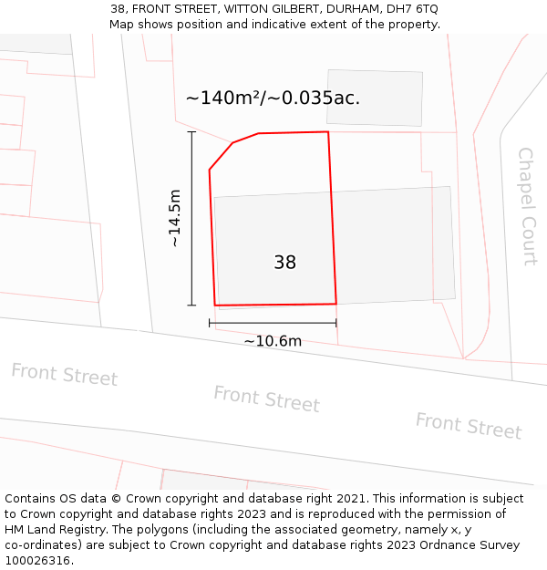 38, FRONT STREET, WITTON GILBERT, DURHAM, DH7 6TQ: Plot and title map