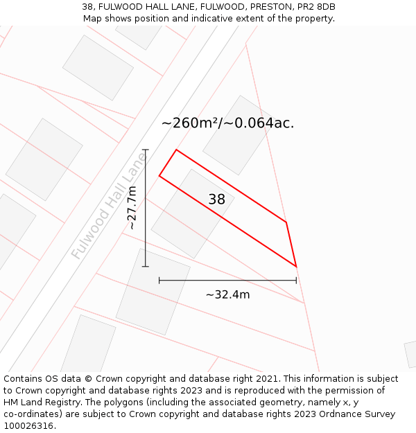 38, FULWOOD HALL LANE, FULWOOD, PRESTON, PR2 8DB: Plot and title map