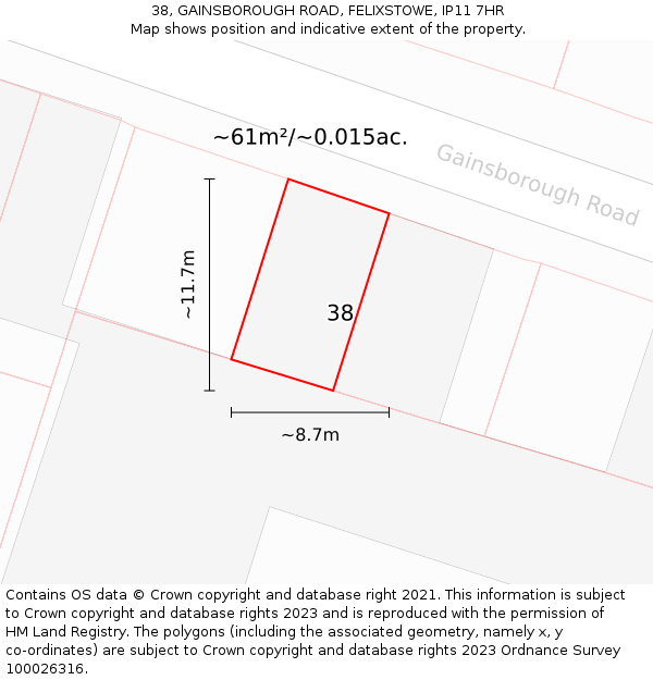 38, GAINSBOROUGH ROAD, FELIXSTOWE, IP11 7HR: Plot and title map