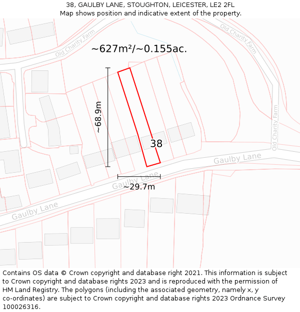 38, GAULBY LANE, STOUGHTON, LEICESTER, LE2 2FL: Plot and title map