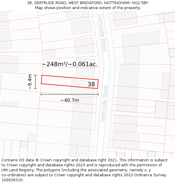 38, GERTRUDE ROAD, WEST BRIDGFORD, NOTTINGHAM, NG2 5BY: Plot and title map