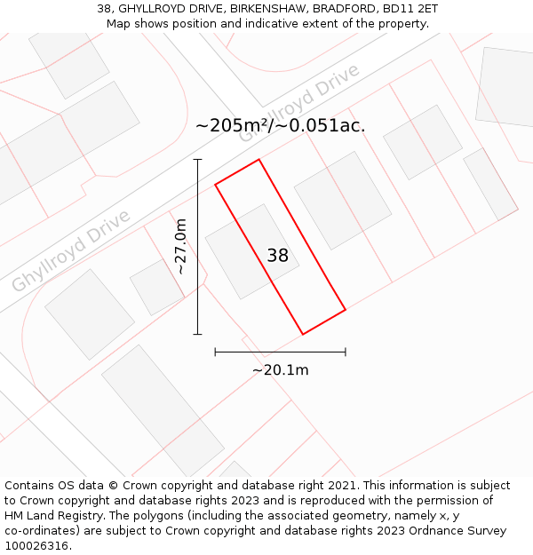 38, GHYLLROYD DRIVE, BIRKENSHAW, BRADFORD, BD11 2ET: Plot and title map