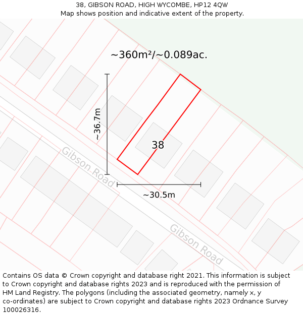 38, GIBSON ROAD, HIGH WYCOMBE, HP12 4QW: Plot and title map