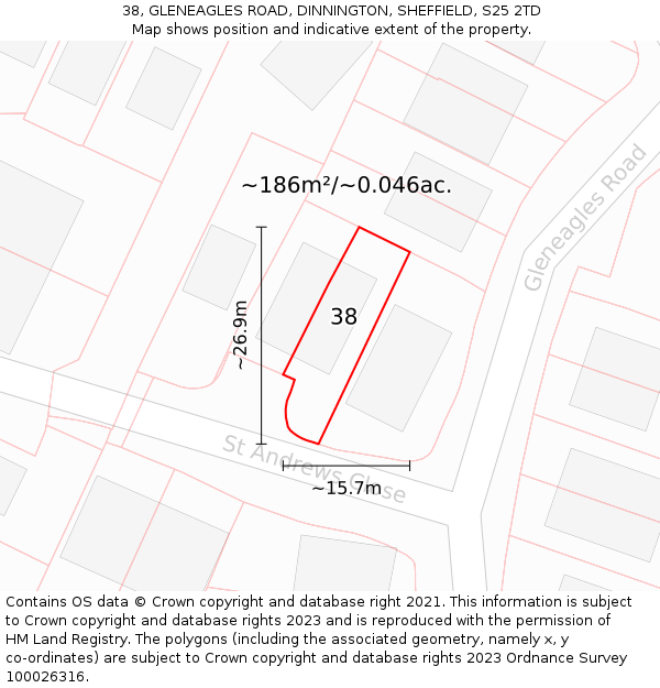 38, GLENEAGLES ROAD, DINNINGTON, SHEFFIELD, S25 2TD: Plot and title map