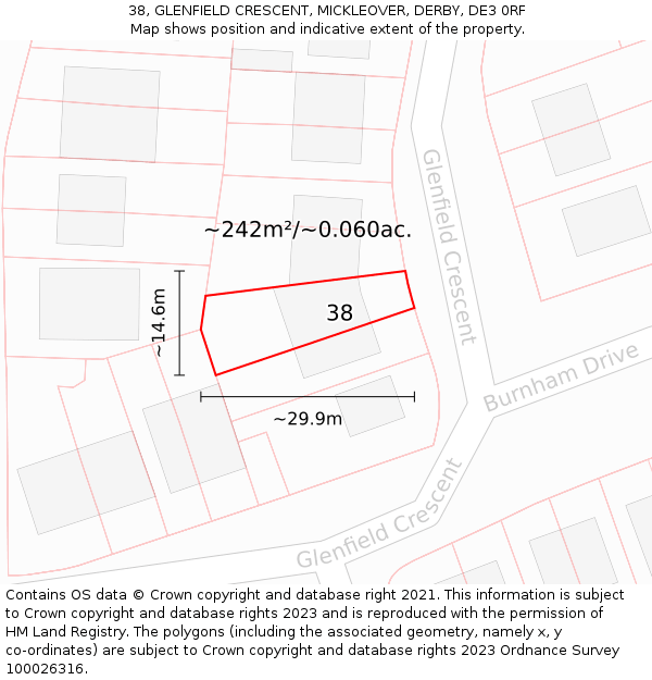 38, GLENFIELD CRESCENT, MICKLEOVER, DERBY, DE3 0RF: Plot and title map