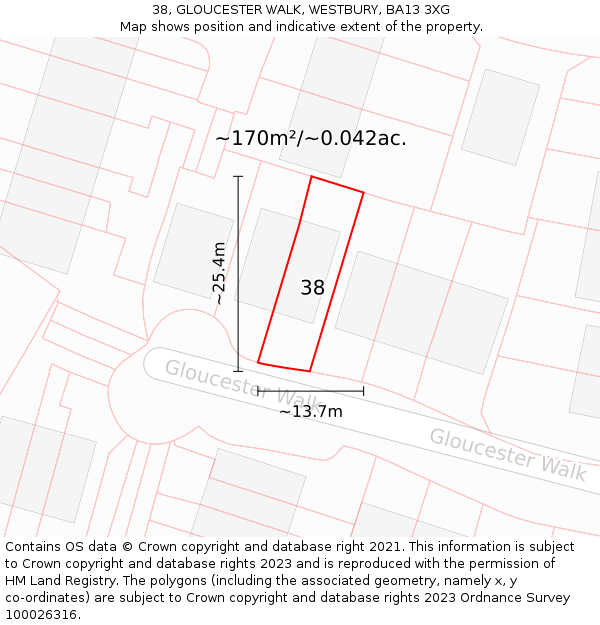 38, GLOUCESTER WALK, WESTBURY, BA13 3XG: Plot and title map