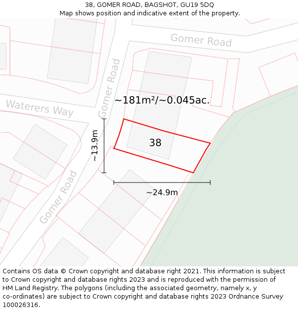 38, GOMER ROAD, BAGSHOT, GU19 5DQ: Plot and title map