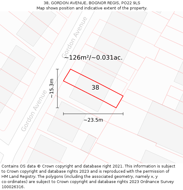 38, GORDON AVENUE, BOGNOR REGIS, PO22 9LS: Plot and title map