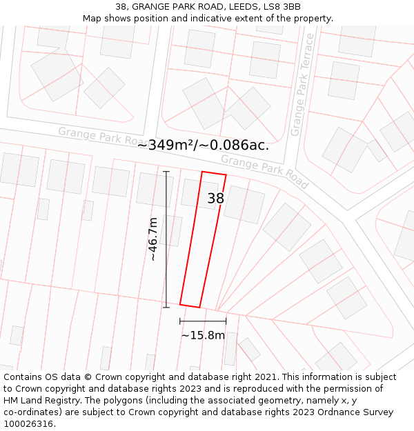 38, GRANGE PARK ROAD, LEEDS, LS8 3BB: Plot and title map