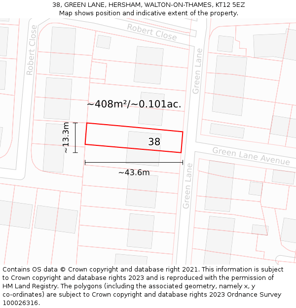 38, GREEN LANE, HERSHAM, WALTON-ON-THAMES, KT12 5EZ: Plot and title map