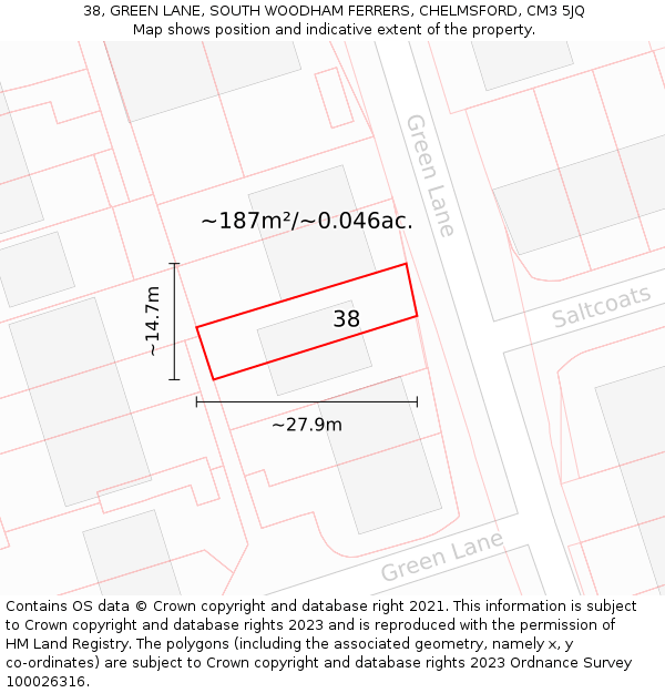 38, GREEN LANE, SOUTH WOODHAM FERRERS, CHELMSFORD, CM3 5JQ: Plot and title map