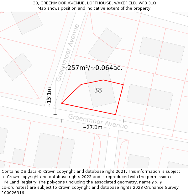 38, GREENMOOR AVENUE, LOFTHOUSE, WAKEFIELD, WF3 3LQ: Plot and title map