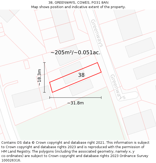 38, GREENWAYS, COWES, PO31 8AN: Plot and title map