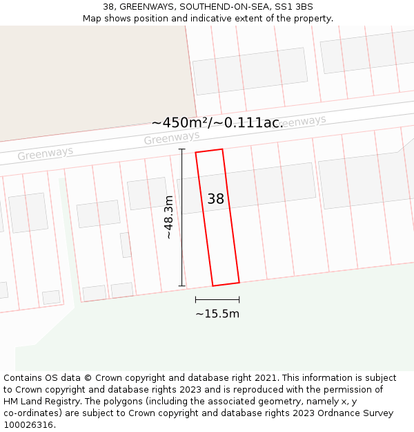 38, GREENWAYS, SOUTHEND-ON-SEA, SS1 3BS: Plot and title map