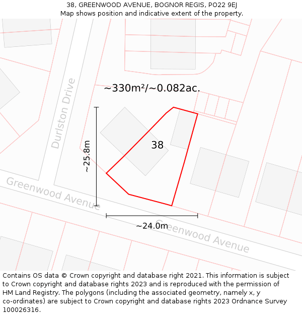 38, GREENWOOD AVENUE, BOGNOR REGIS, PO22 9EJ: Plot and title map