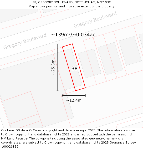 38, GREGORY BOULEVARD, NOTTINGHAM, NG7 6BG: Plot and title map