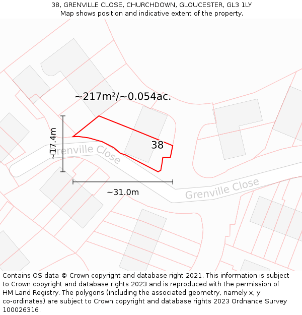 38, GRENVILLE CLOSE, CHURCHDOWN, GLOUCESTER, GL3 1LY: Plot and title map