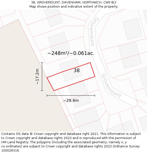 38, GROVEMOUNT, DAVENHAM, NORTHWICH, CW9 8LY: Plot and title map