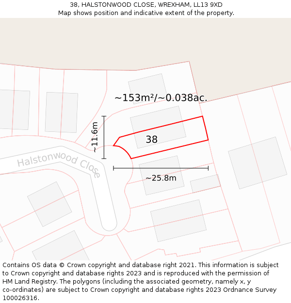 38, HALSTONWOOD CLOSE, WREXHAM, LL13 9XD: Plot and title map