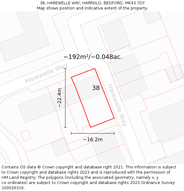 38, HAREWELLE WAY, HARROLD, BEDFORD, MK43 7DY: Plot and title map