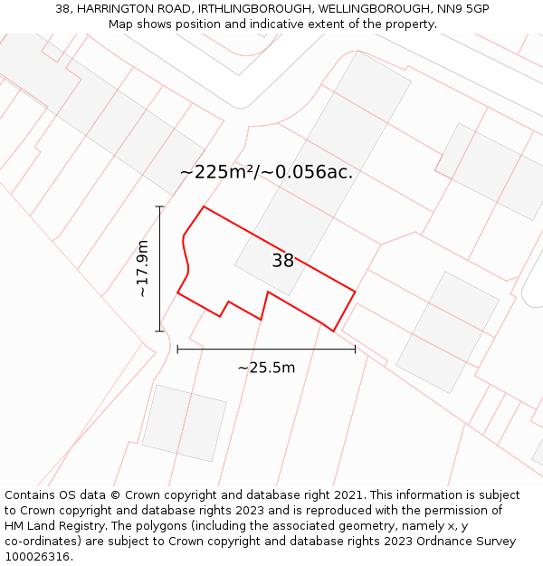 38, HARRINGTON ROAD, IRTHLINGBOROUGH, WELLINGBOROUGH, NN9 5GP: Plot and title map