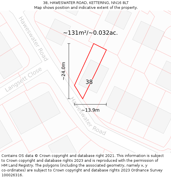 38, HAWESWATER ROAD, KETTERING, NN16 8LT: Plot and title map