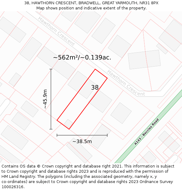 38, HAWTHORN CRESCENT, BRADWELL, GREAT YARMOUTH, NR31 8PX: Plot and title map