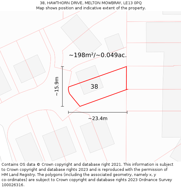 38, HAWTHORN DRIVE, MELTON MOWBRAY, LE13 0PQ: Plot and title map
