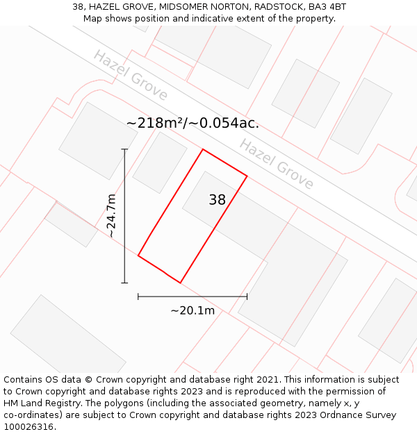 38, HAZEL GROVE, MIDSOMER NORTON, RADSTOCK, BA3 4BT: Plot and title map