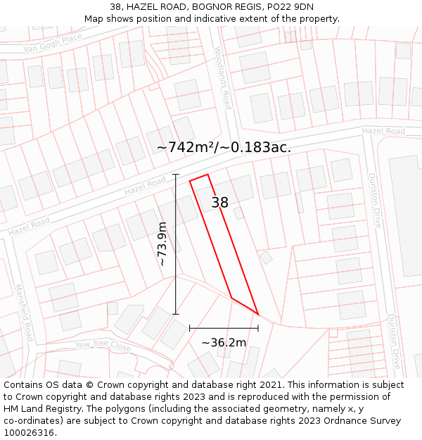 38, HAZEL ROAD, BOGNOR REGIS, PO22 9DN: Plot and title map