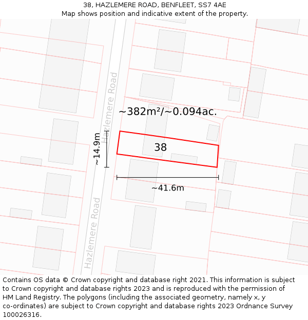 38, HAZLEMERE ROAD, BENFLEET, SS7 4AE: Plot and title map