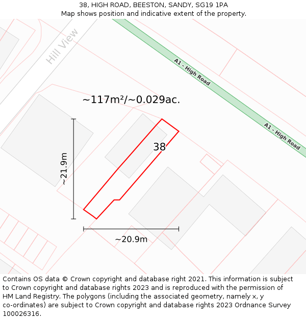 38, HIGH ROAD, BEESTON, SANDY, SG19 1PA: Plot and title map