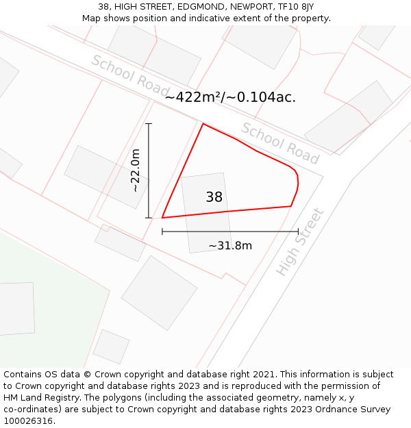 38, HIGH STREET, EDGMOND, NEWPORT, TF10 8JY: Plot and title map