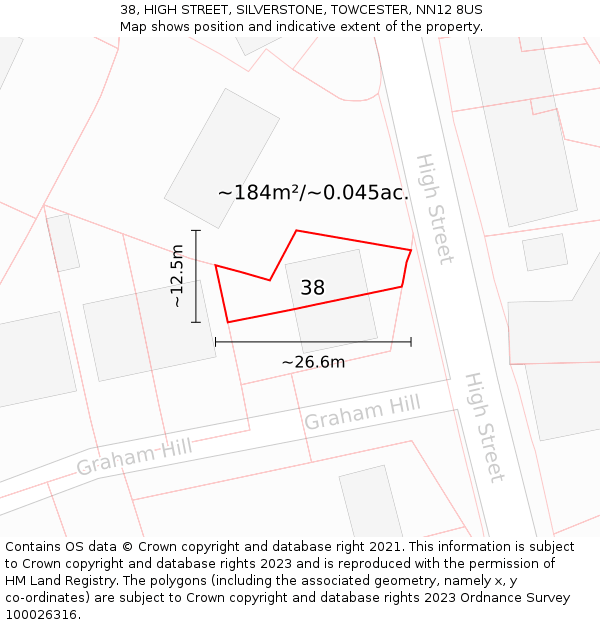 38, HIGH STREET, SILVERSTONE, TOWCESTER, NN12 8US: Plot and title map