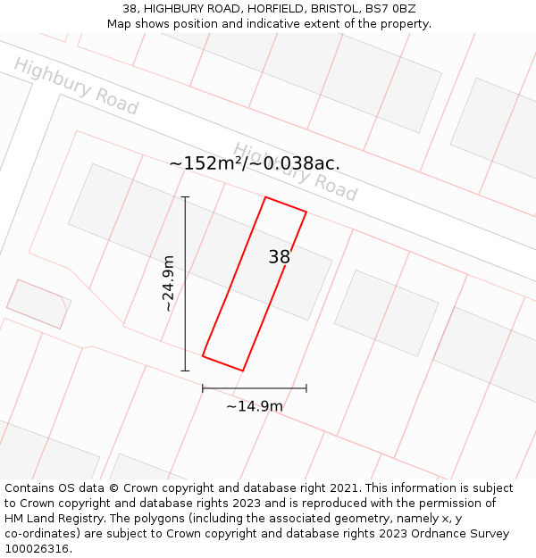 38, HIGHBURY ROAD, HORFIELD, BRISTOL, BS7 0BZ: Plot and title map