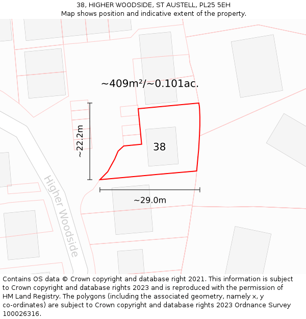 38, HIGHER WOODSIDE, ST AUSTELL, PL25 5EH: Plot and title map