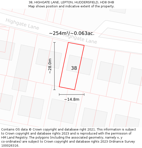 38, HIGHGATE LANE, LEPTON, HUDDERSFIELD, HD8 0HB: Plot and title map