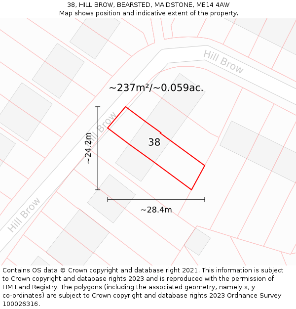 38, HILL BROW, BEARSTED, MAIDSTONE, ME14 4AW: Plot and title map